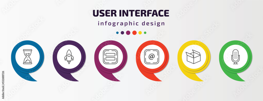 user interface infographic template with icons and 6 step or option. user interface icons such as sand clock, rocket launch, equal, at, open box, mic vector. can be used for banner, info graph, web, user interface infographic template with icons and 6 step or option. user interface icons such as sand clock, rocket launch, equal, at, open box, mic vector. can be used for banner, info graph, web,