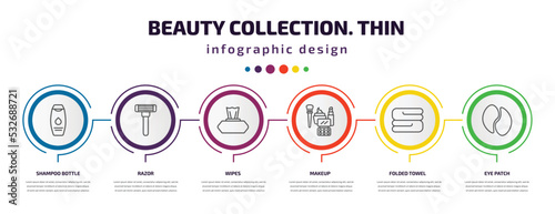 beauty collection. thin infographic template with icons and 6 step or option. beauty collection. thin icons such as shampoo bottle, razor, wipes, makeup, folded towel, eye patch vector. can be used