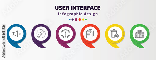 user interface infographic template with icons and 6 step or option. user interface icons such as sound off, link button, help web button, multiple file, delete round button, offices vector. can be
