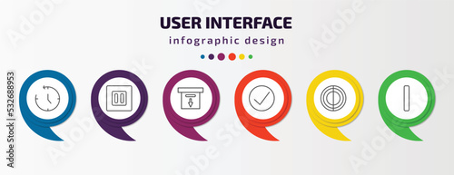 user interface infographic template with icons and 6 step or option. user interface icons such as anti clockwise, square stop button, download archive, check box, hue circle, vertical bar vector.