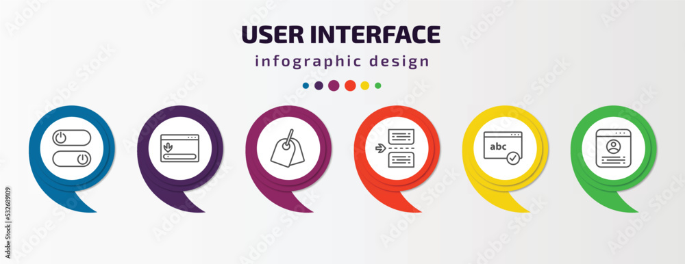 user interface infographic template with icons and 6 step or option. user interface icons such as on off power button, window scrolling right, labels, page break, spellcheck, accounts vector. can be user interface infographic template with icons and 6 step or option. user interface icons such as on off power button, window scrolling right, labels, page break, spellcheck, accounts vector. can be
