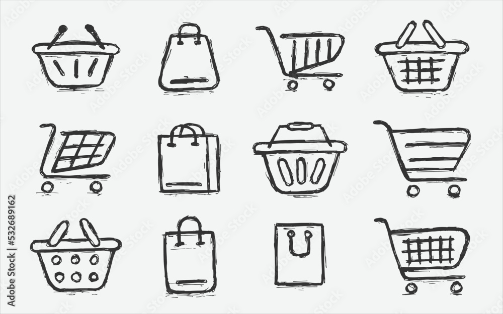 Shopping cart icon set. Collection of web icons for online stores, from various basket icons in various shapes. sketch hand drawn icon set Shopping cart icon set. Collection of web icons for online stores, from various basket icons in various shapes. sketch hand drawn icon set