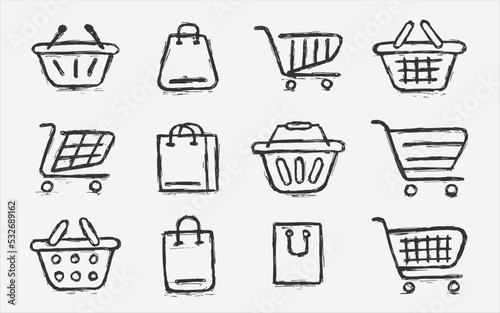 Shopping cart icon set. Collection of web icons for online stores, from various basket icons in various shapes. sketch hand drawn icon set