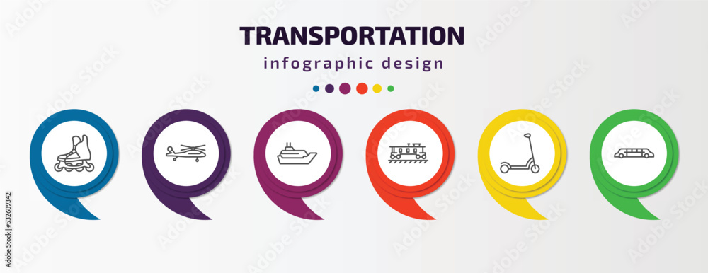 transportation infographic template with icons and 6 step or option. transportation icons such as inline skates, military helicopter, cruiser, caboose, kick scooter, limousine vector. can be used transportation infographic template with icons and 6 step or option. transportation icons such as inline skates, military helicopter, cruiser, caboose, kick scooter, limousine vector. can be used