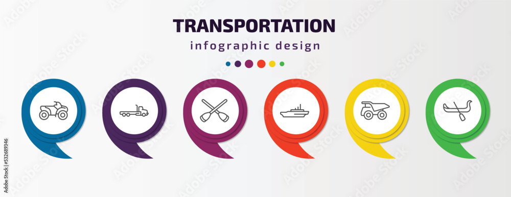 transportation infographic template with icons and 6 step or option. transportation icons such as all terrain vehicle, flatbed lorry, rowing, icebreaker ship, haul, gondola vector. can be used for transportation infographic template with icons and 6 step or option. transportation icons such as all terrain vehicle, flatbed lorry, rowing, icebreaker ship, haul, gondola vector. can be used for