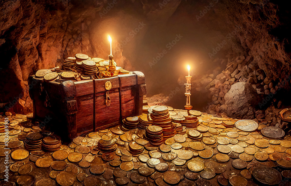 Old pirate treasure chest hidden in a cave, many gold coins and lights ...