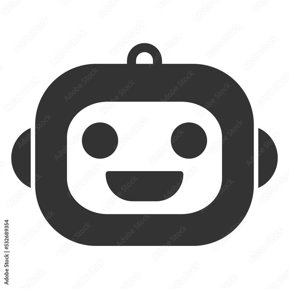 Smiling robot head - icon, illustration on white background, glyph style Smiling robot head - icon, illustration on white background, glyph style