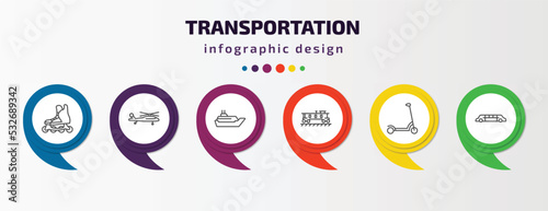 transportation infographic template with icons and 6 step or option. transportation icons such as inline skates, military helicopter, cruiser, caboose, kick scooter, limousine vector. can be used