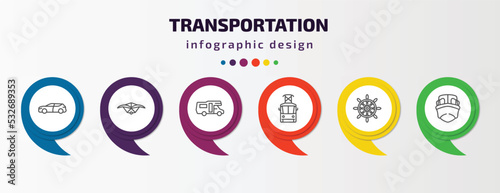 transportation infographic template with icons and 6 step or option. transportation icons such as suv, hang glider, camper car, tram front view, ship helm, boat front view vector. can be used for
