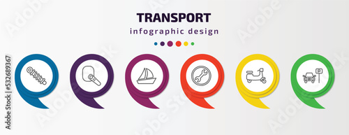 transport infographic template with icons and 6 step or option. transport icons such as shock breaker, hands free device, sailing boat, repair, scooter bike, car parking vector. can be used for