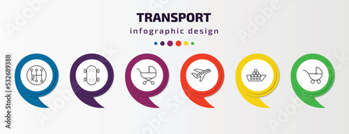 transport infographic template with icons and 6 step or option. transport icons such as gearshift, longboard, babysitter, air transport, cargo ship, baby trolley vector. can be used for banner, info