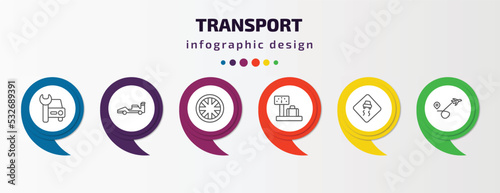 transport infographic template with icons and 6 step or option. transport icons such as car repair, formula 1, alloy wheel, airport checking, slippy road, airplane flying vector. can be used for