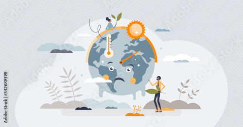 Climate crisis and global warming as planet challenge tiny person concept. Environmental danger with CO2 greenhouse gases pollution and raising temperature vector illustration. World melting problem.