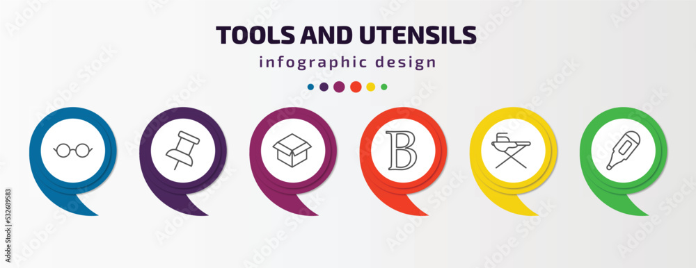 tools and utensils infographic template with icons and 6 step or option. tools and utensils icons such as reading glasses, school push pin, open black box, bold, iron table, body thermometer vector. tools and utensils infographic template with icons and 6 step or option. tools and utensils icons such as reading glasses, school push pin, open black box, bold, iron table, body thermometer vector.
