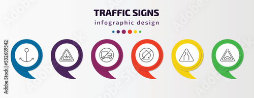 traffic signs infographic template with icons and 6 step or option. traffic signs icons such as port, pothole, no trucks, no gambling, narrow road, bridge road vector. can be used for banner, info