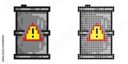 Pixel icon. Metal barrel with danger sign. Storage and disposal of hazardous substances. Simple retro game vector isolated on white background