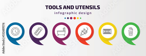 tools and utensils infographic template with icons and 6 step or option. tools and utensils icons such as circular clock, attachments, bath tub, tattoo, film strip photograms, trash can open vector.