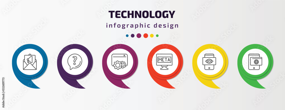 technology infographic template with icons and 6 step or option. technology icons such as email marketing, asking, sdk, meta elements, black eye, web apps vector. can be used for banner, info graph, technology infographic template with icons and 6 step or option. technology icons such as email marketing, asking, sdk, meta elements, black eye, web apps vector. can be used for banner, info graph,