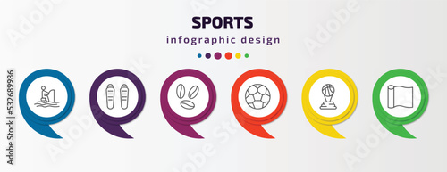 sports infographic template with icons and 6 step or option. sports icons such as fisher fishing, shin guards, brazilian, football ball, basketball champion, foil vector. can be used for banner,