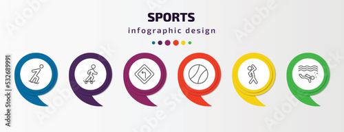 sports infographic template with icons and 6 step or option. sports icons such as ice skating, boy with skatingboard, left bend, tennis sport ball, aerobics, scuba diving vector. can be used for