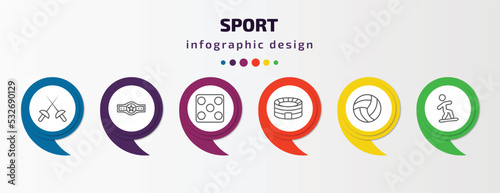 sport infographic template with icons and 6 step or option. sport icons such as fencing, boxer with belt, game board, estadio, volleyball, snowboarding vector. can be used for banner, info graph,