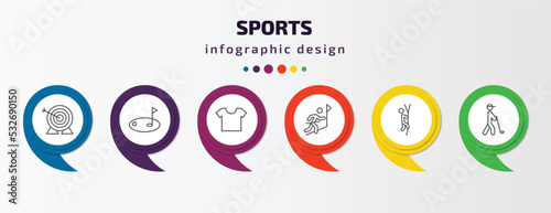 sports infographic template with icons and 6 step or option. sports icons such as archery, golf, short sleeves, winning the race, climbing with rope, golf player hitting vector. can be used for