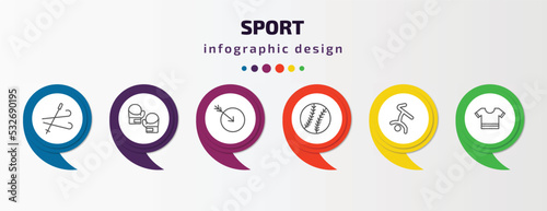 sport infographic template with icons and 6 step or option. sport icons such as ski, boxing gloves, ball arrow, baseball ball, breakdancing dancer, football jersey vector. can be used for banner,