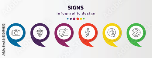 signs infographic template with icons and 6 step or option. signs icons such as camera, khanda, is not equal to, electric current, positive, no vector. can be used for banner, info graph, web,