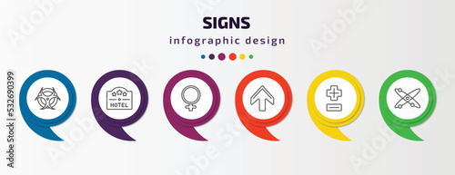 signs infographic template with icons and 6 step or option. signs icons such as radioactive elements, square hotel, female, up, plus less, atom vector. can be used for banner, info graph, web,