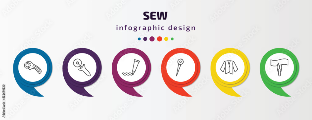 sew infographic template with icons and 6 step or option. sew icons such as rotary, tracing wheel, paint tube, pin, jacket, cutting vector. can be used for banner, info graph, web, presentations. sew infographic template with icons and 6 step or option. sew icons such as rotary, tracing wheel, paint tube, pin, jacket, cutting vector. can be used for banner, info graph, web, presentations.