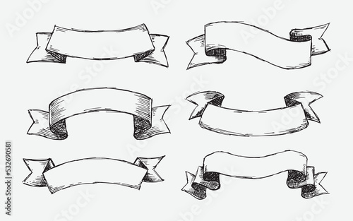 Hand drawn set of different ribbons. Design elements for greeting cards, banners, invitations. Sketch, vector illustration