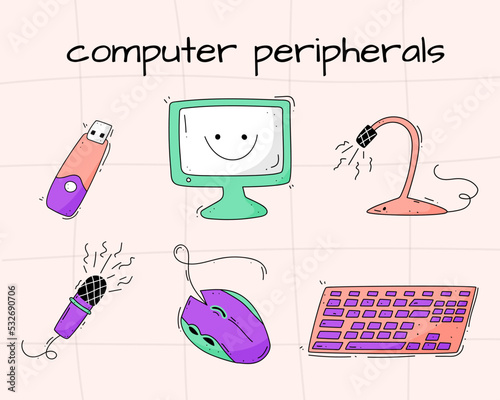 A set of illustrations of computer peripherals. Monitor, keyboard, microphone, mouse, flash drive in '90s and '80s style on checkered background