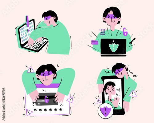 A set of illustrations on the subject of fraud on the Internet. App hacking, data theft, and dating scams
