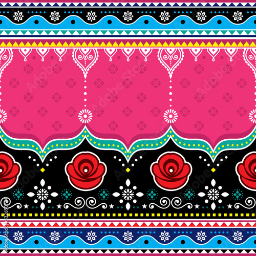Indian and Pakistani truck art vector design with roses, Jingle trucks seamless textile or greeting card pattern in vibrant colors
