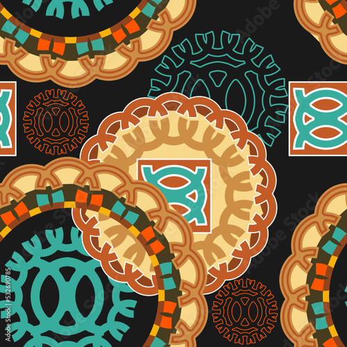 Seamless pattern with ornamental elements in restrained colors. Dark background. Vector illustration