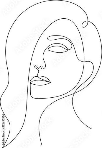 Single line hand drawn young woman portrait female beauty, minimalistic beautyfull girl face. Dynamic continuous one line graphic PNG design. Black and white illustration  