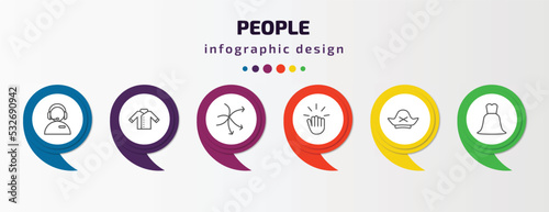 people infographic template with icons and 6 step or option. people icons such as phone assistance, chef uniform, complex, knocking, pirate head, bride dress vector. can be used for banner, info