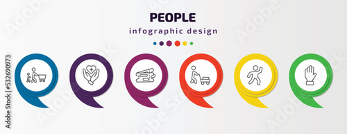 people infographic template with icons and 6 step or option. people icons such as father and son shopping, healthcare and medical, validating ticket, person mowing the grass, dancing man, slap