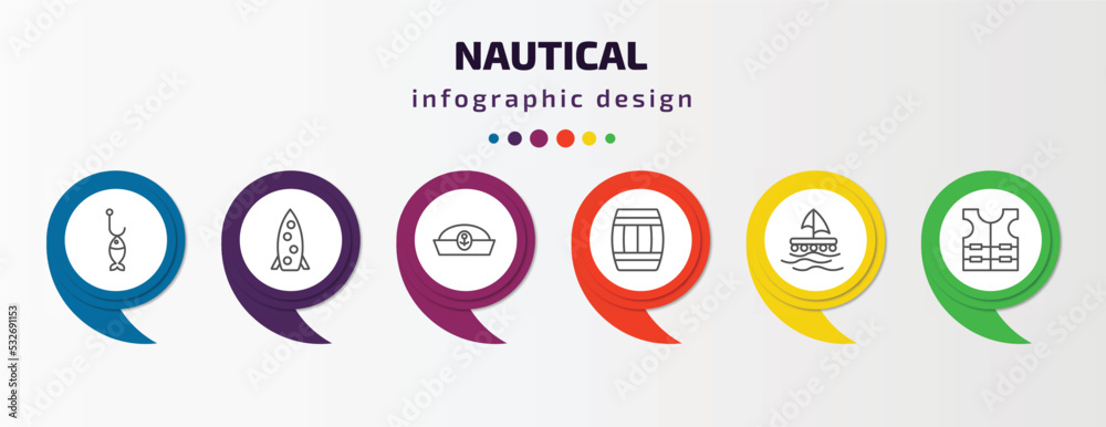 nautical infographic template with icons and 6 step or option. nautical icons such as fish shaped bait, one suroard, sailor cap, big barrel, wood raft, vest vector. can be used for banner, info nautical infographic template with icons and 6 step or option. nautical icons such as fish shaped bait, one suroard, sailor cap, big barrel, wood raft, vest vector. can be used for banner, info