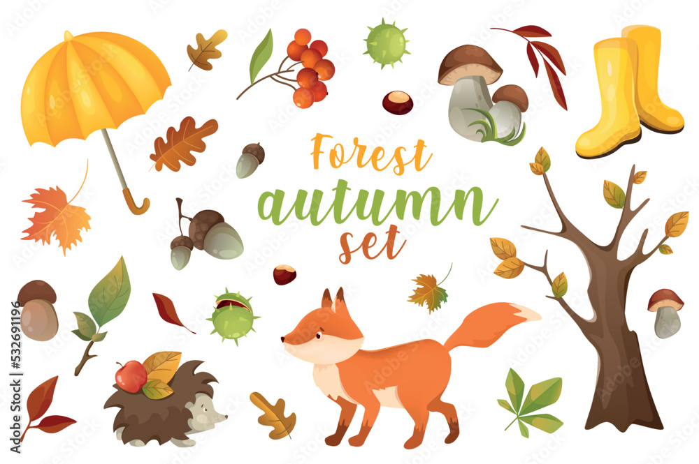 Autumn forest 3d realistic set. Vector illustration isolated elements Autumn forest 3d realistic set. Vector illustration isolated elements
