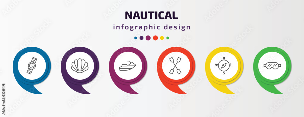 nautical infographic template with icons and 6 step or option. nautical icons such as water resist watch, big shell, facing right, double paddle, compass, snorkling glasses vector. can be used for nautical infographic template with icons and 6 step or option. nautical icons such as water resist watch, big shell, facing right, double paddle, compass, snorkling glasses vector. can be used for