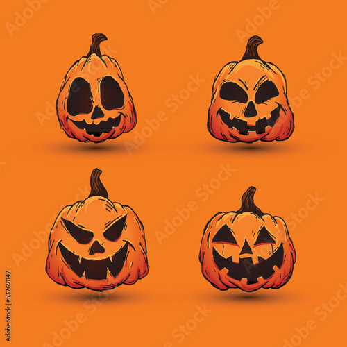 Halloween pumpkins in vector with different face icon set. colored Hand drawn illustration. Monsters faces. Design elements for logo, badges, banners, labels, posters