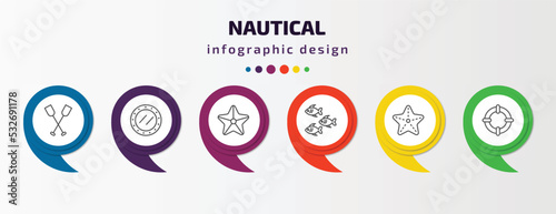 nautical infographic template with icons and 6 step or option. nautical icons such as paddles, submarine window, big starfish, fishes, starfish, life preserver vector. can be used for banner, info