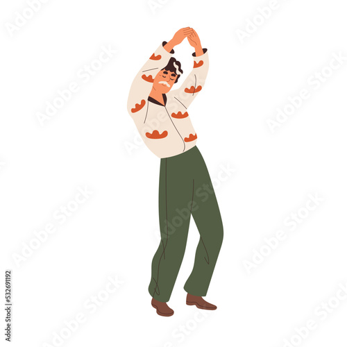 Elderly man dancing. Happy stylish male character enjoying, moving music. Pos...