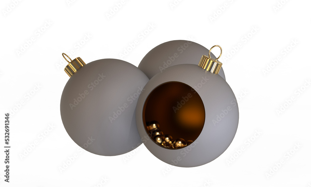 three rotated matte gray christmas baubles with a big hole to look inside at golden spheres isolated 3D rendering illustration
three rotated matte gray christmas baubles with a big hole to look inside at golden spheres isolated 3D rendering illustration