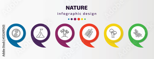 nature infographic template with icons and 6 step or option. nature icons such as fengshui, determination, palm islands, branches with leaves, black oak tree, branch with leaves vector. can be used