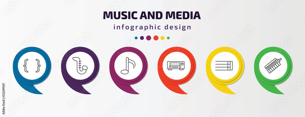 music and media infographic template with icons and 6 step or option. music and media icons such as brace, saxophone, sixteenth note, amplifier, bold double bar line, melodica vector. can be used music and media infographic template with icons and 6 step or option. music and media icons such as brace, saxophone, sixteenth note, amplifier, bold double bar line, melodica vector. can be used