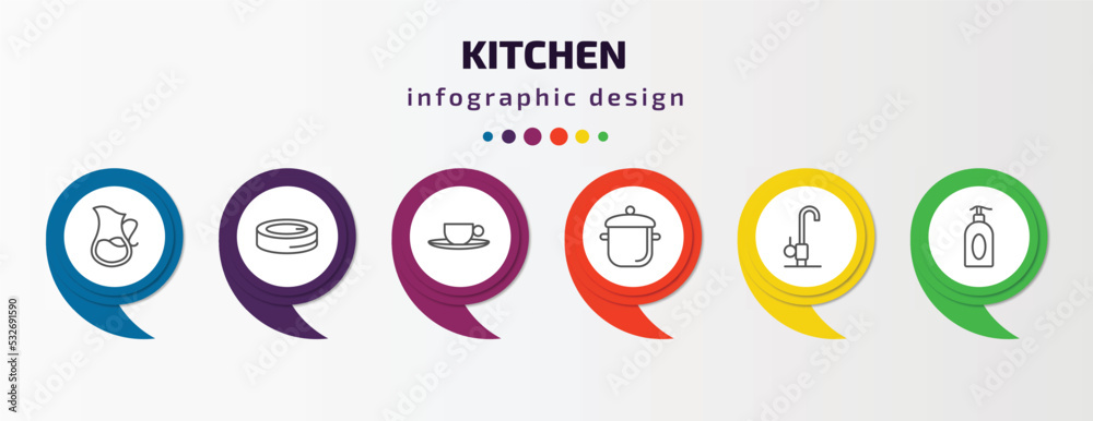 kitchen infographic template with icons and 6 step or option. kitchen icons such as pitcher, conserve, saucer, stew pot, kitchen tap, liquid soap vector. can be used for banner, info graph, web, kitchen infographic template with icons and 6 step or option. kitchen icons such as pitcher, conserve, saucer, stew pot, kitchen tap, liquid soap vector. can be used for banner, info graph, web,