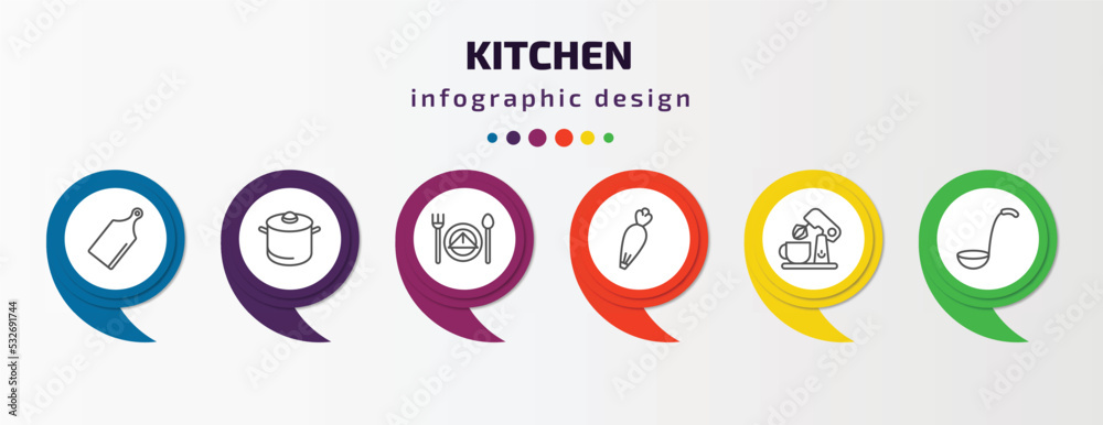 kitchen infographic template with icons and 6 step or option. kitchen icons such as cutting board, saucepan, dinner, pastry bag, mixer, ladle vector. can be used for banner, info graph, web, kitchen infographic template with icons and 6 step or option. kitchen icons such as cutting board, saucepan, dinner, pastry bag, mixer, ladle vector. can be used for banner, info graph, web,