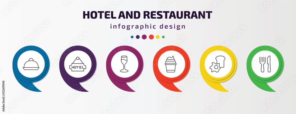 hotel and restaurant infographic template with icons and 6 step or option. hotel and restaurant icons such as dish, hotel, wine glass, frozen yogurt, breakfast, cutlery vector. can be used for hotel and restaurant infographic template with icons and 6 step or option. hotel and restaurant icons such as dish, hotel, wine glass, frozen yogurt, breakfast, cutlery vector. can be used for